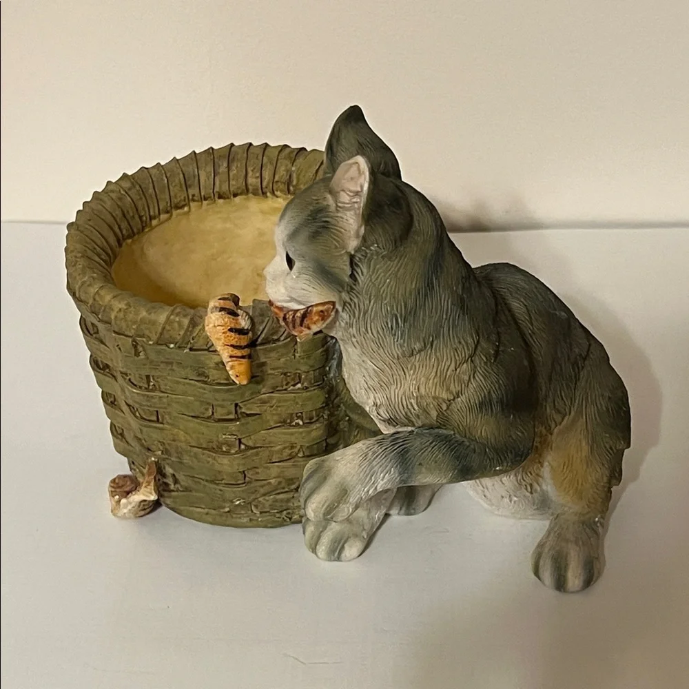 Charming Cat and Basket Figurine - Brown and Tan. Can be used as a Planter.